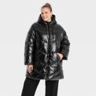 Women's Plus Size Mid Length Wet Look Puffer Jacket - A New Day Black