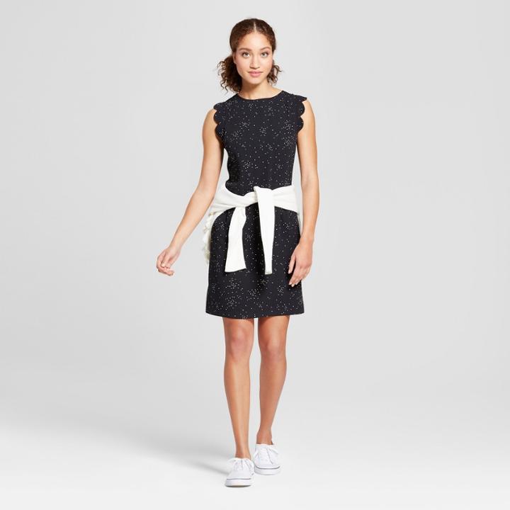 Women's Printed Scallop Sleeve Crepe Dress - A New Day Black