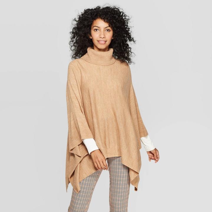 Women's Turtleneck Pullover Poncho Wrap Jacket - A New Day Camel