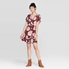 Petitewomen's Floral Print Short Sleeve Deep V-neck Wrap Mini Dress - Xhilaration Burgundy Xs, Women's, Red