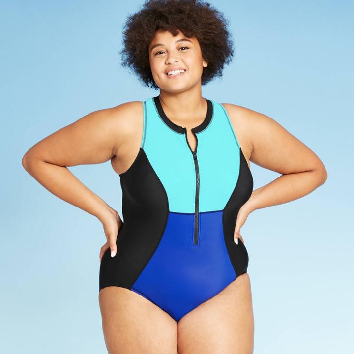 Women's Plus Size Zip-up One Piece Swimsuit - Aqua Green Blue