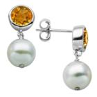 Prime Art & Jewel Sterling Silver Genuine White Pearl And Genuine Bezel Set Citrine Post Earrings, Girl's,