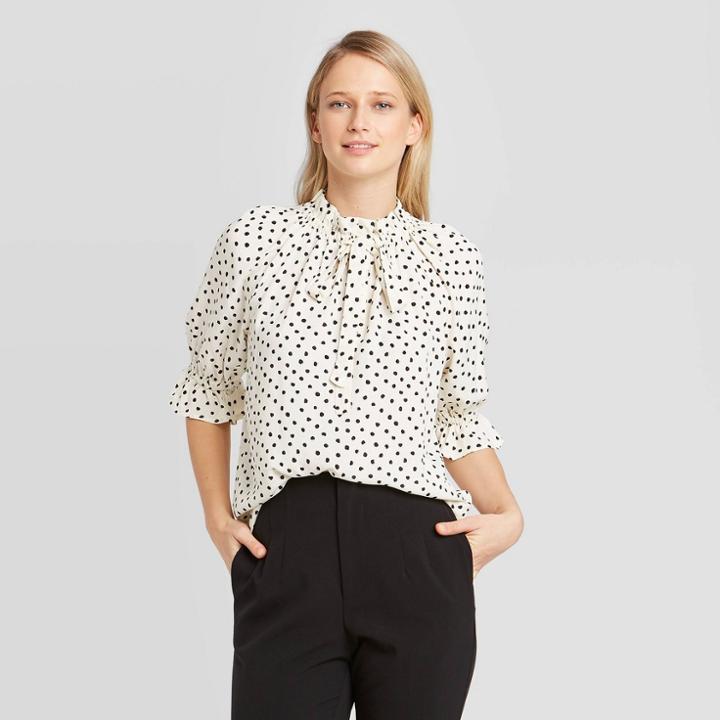 Women's Polka Dot Elbow Sleeve High Neck Popover Blouse - Who What Wear White