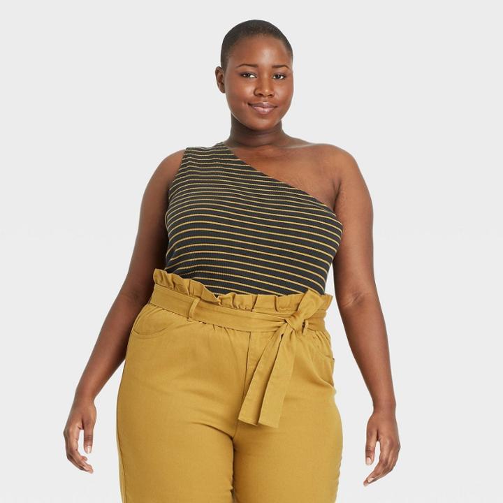 Women's Plus Size Striped One Shoulder Tank Top - Who What Wear Black