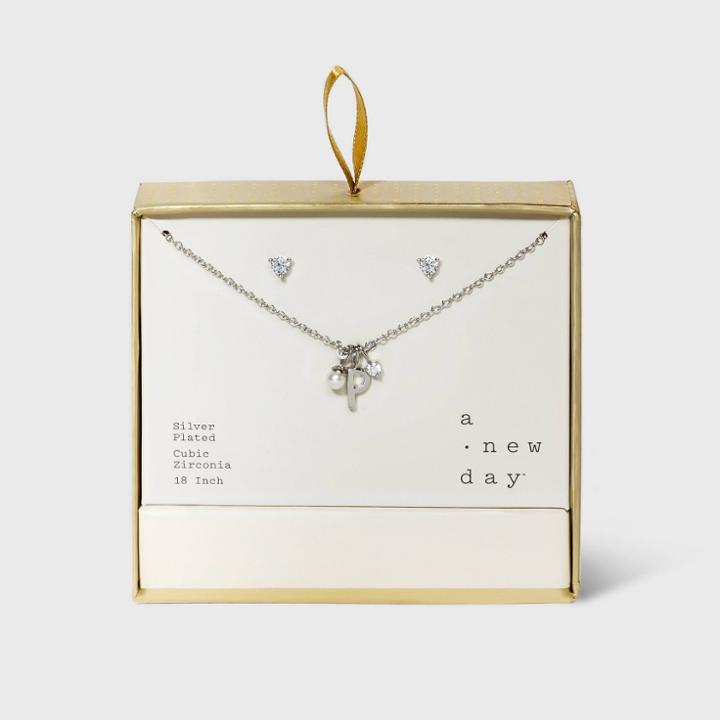 Silver Plated With Cubic Zirconia And Pearl Initial 'p' Charm Cluster Necklace And Earring Set - A New Day