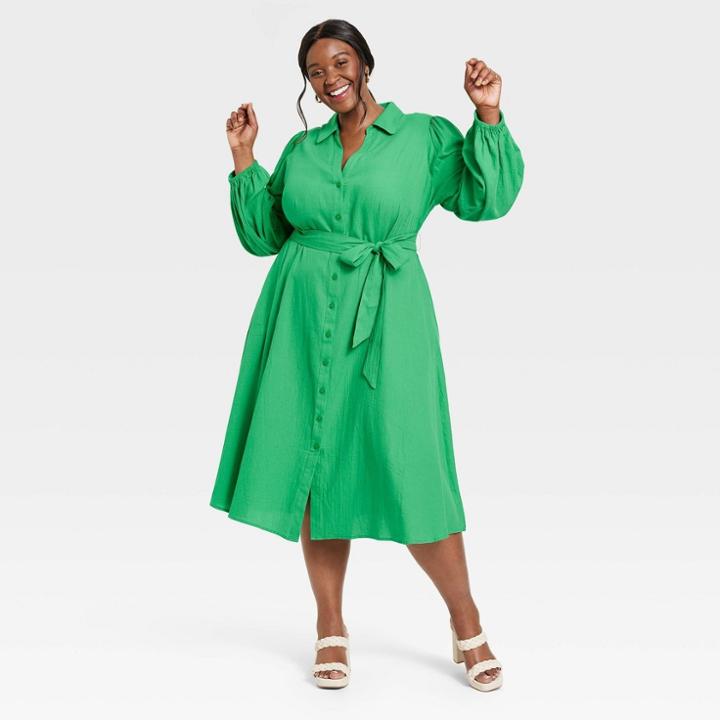 Women's Balloon Long Sleeve Shirtdress - Ava & Viv Green