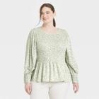 Women's Plus Size Long Sleeve Smocked Top - A New Day Green Floral Print