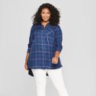 Women's Plus Size Plaid Button-down Long Sleeve Tunic - Ava & Viv Navy X, Blue