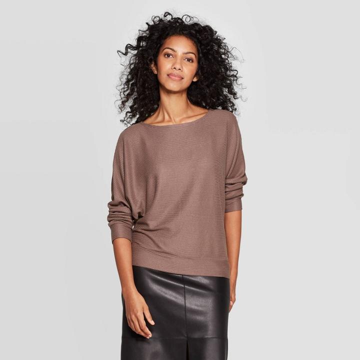 Women's Casual Fit Dolman Long Sleeve Boat Neck Rib Snit T-shirt - A New Day Gray