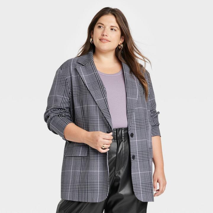 Women's Plus Size Boxy Blazer - A New Day Gray Plaid