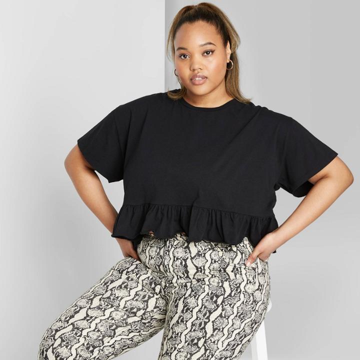 Women's Plus Size Short Sleeve Crewneck Cropped Peplum T-shirt - Wild Fable Black 1x, Women's,