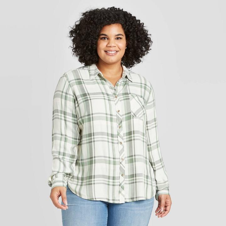 Women's Plus Size Plaid Long Sleeve Collared Button-down Top - Universal Thread Green 1x, Women's,