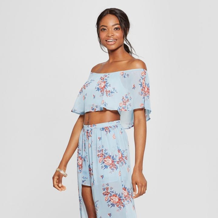 Women's Floral Print Short Sleeve Off The Shoulder Ruffle Top - Love @ First Sight (juniors') Blue