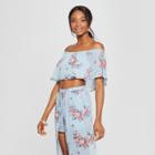 Women's Floral Print Short Sleeve Off The Shoulder Ruffle Top - Love @ First Sight (juniors') Blue
