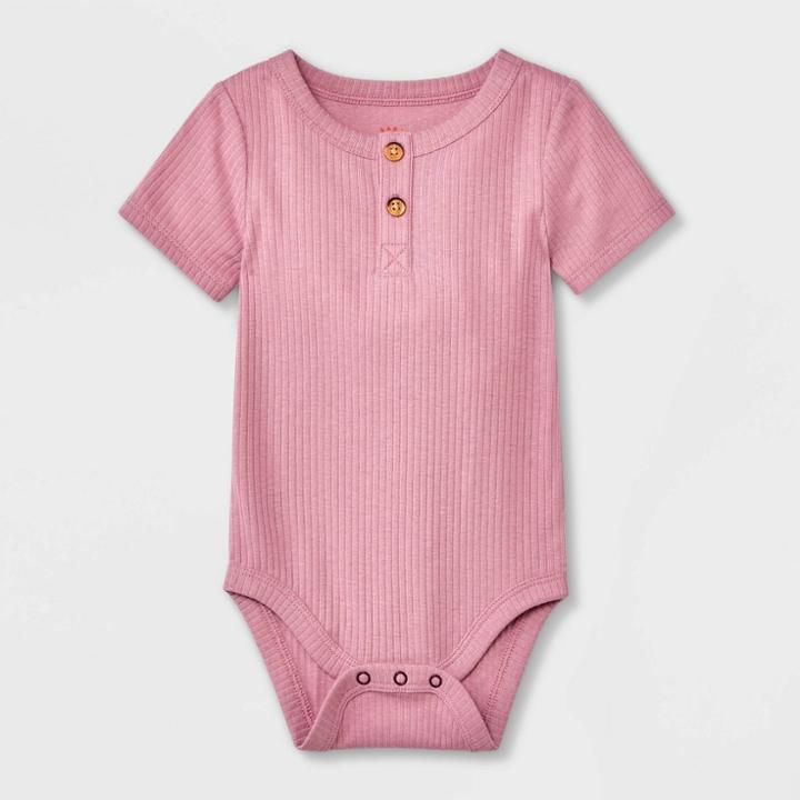 Baby Girls' Ribbed Henley Short Sleeve Bodysuit - Cat & Jack Rose Pink Newborn
