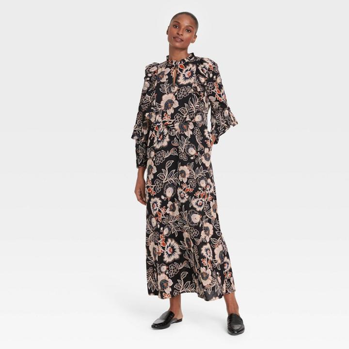 Women's Floral Print Balloon Long Sleeve Soft Ruffle Dress - Who What Wear