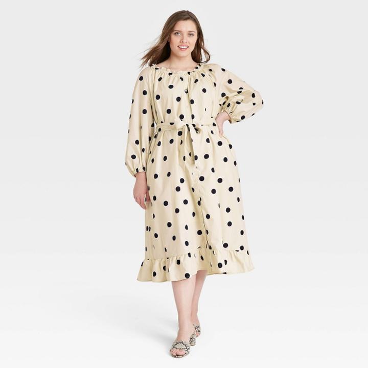 Women's Plus Size Polka Dot Balloon Long Sleeve Dress - Who What Wear Black/white
