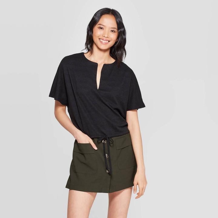 Women's Textured Knit Short Sleeve V-neck T-shirt - Who What Wear Jet Black