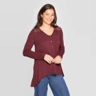 Women's Long Sleeve V-neck Button Front Knit Blouse - Knox Rose Burgundy Xs, Women's, Red