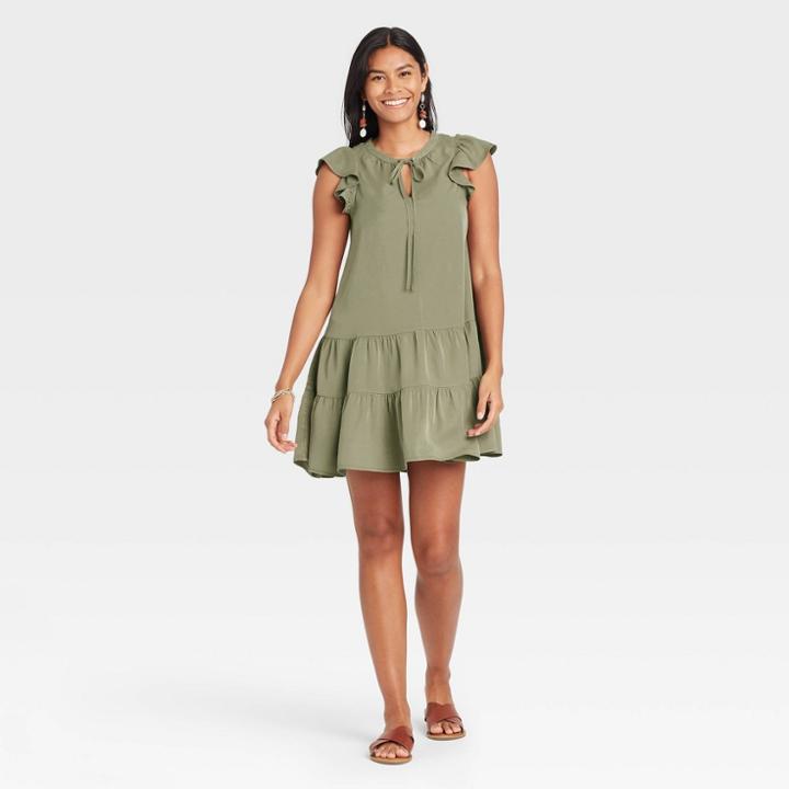 Women's Flutter Short Sleeve Tiered Dress - Knox Rose Olive