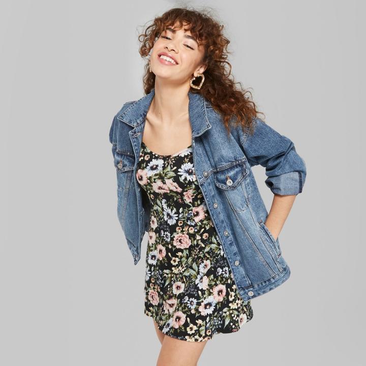 Women's Floral Print Strappy Knit Swing Dress - Wild Fable Black
