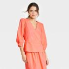 Women's Long Sleeve Wrap Top - A New Day Coral