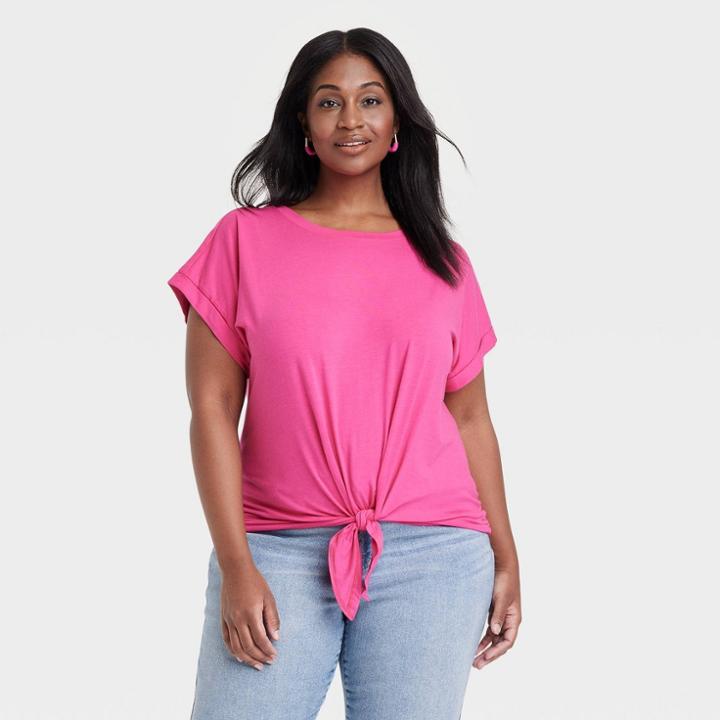 Women's Tie-front Dolman Short Sleeve T-shirt - Ava & Viv Pink