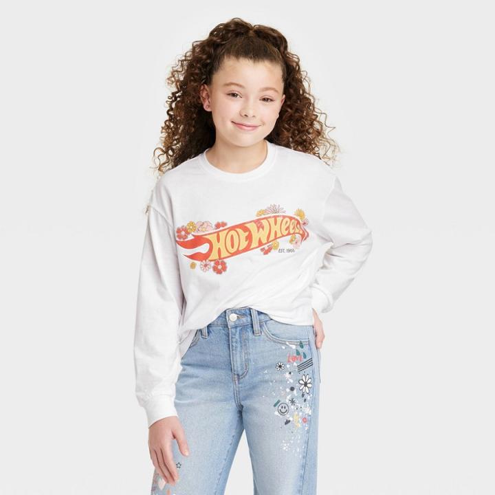 Girls' Boxy Cropped 'hot Wheels' Long Sleeve Graphic T-shirt - Art Class White