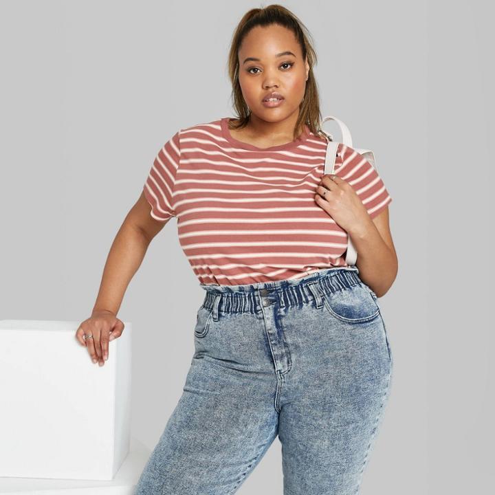 Women's Plus Size Striped Short Sleeve Crewneck Relaxed T-shirt - Wild Fable Cinnamon 1x, Women's, Size: