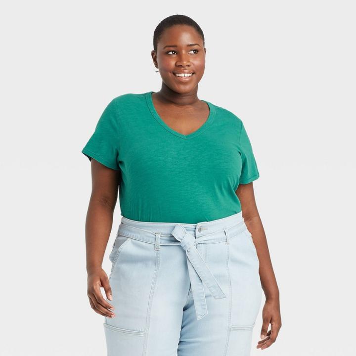 Women's Plus Size Short Sleeve V-neck T-shirt - Universal Thread Dark Green