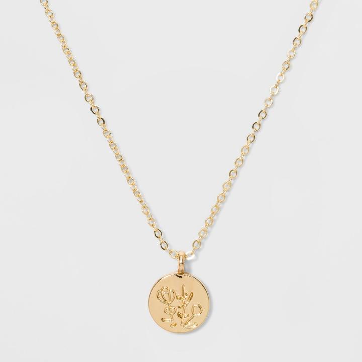 Mini Disc With Embossed Floral Pendant Necklace - Wild Fable Gold
