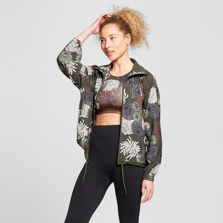 Women's Floral Chrysanthemum Print Boxy Raglan Softshell Jacket - Joylab Deep Olive