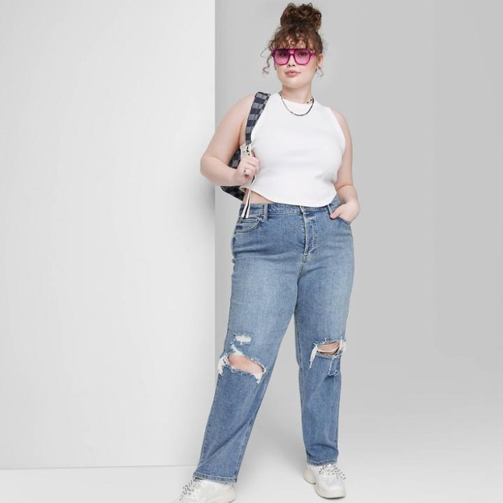 Women's Plus Size Super-high Rise Distressed Straight Jeans - Wild Fable Medium Wash