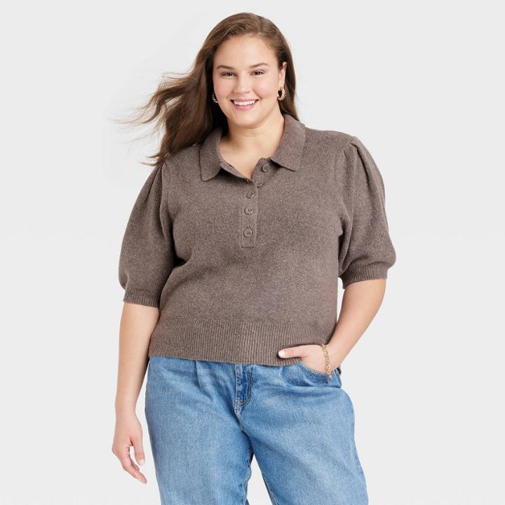 Women's Plus Size Polo Sweater - A New Day Brown