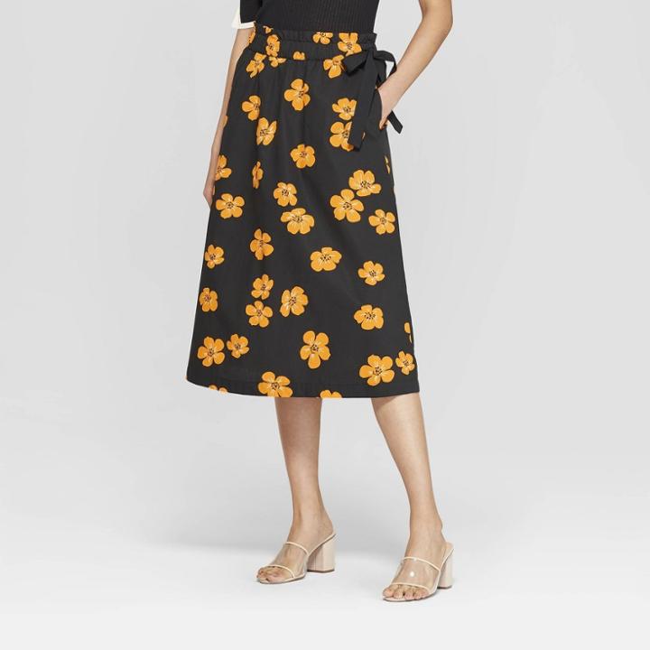 Women's Floral Print Paperbag Midi Tie Skirt - Who What Wear Black