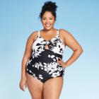 Women's Plus Size Front Tie One Piece Swimsuit - Kona Sol Black Floral 14w, Women's,