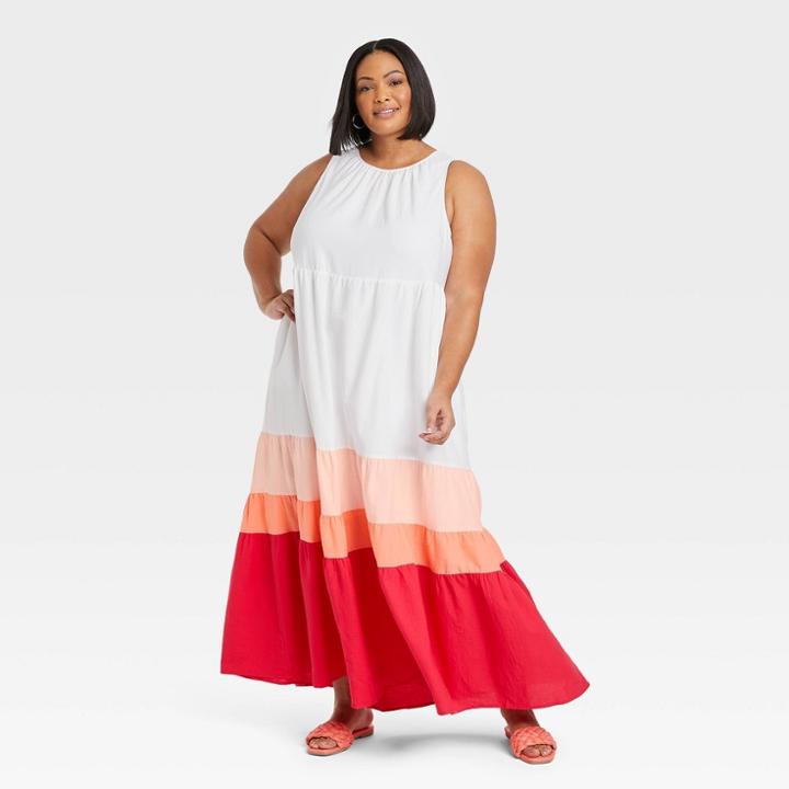 Women's Plus Size Sleeveless Colorblock Tiered Dress - Ava & Viv White X