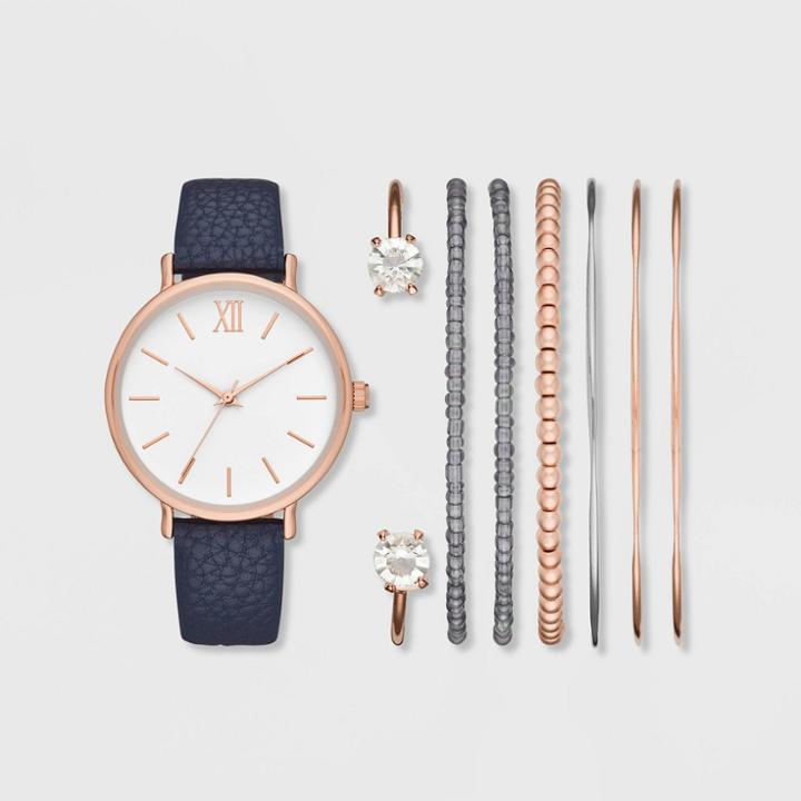Women's Roman Strap Watch Set - A New Day Rose Gold/navy