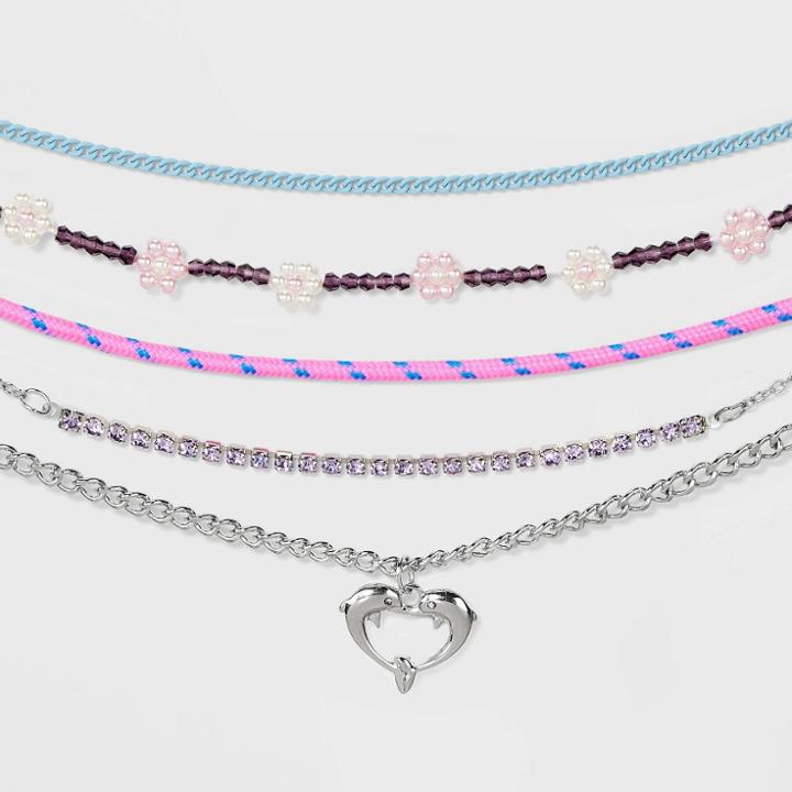 Dolphin Charm Mixed Beading Choker Necklace Set 5pc - Wild Fable , Blue/red/pink