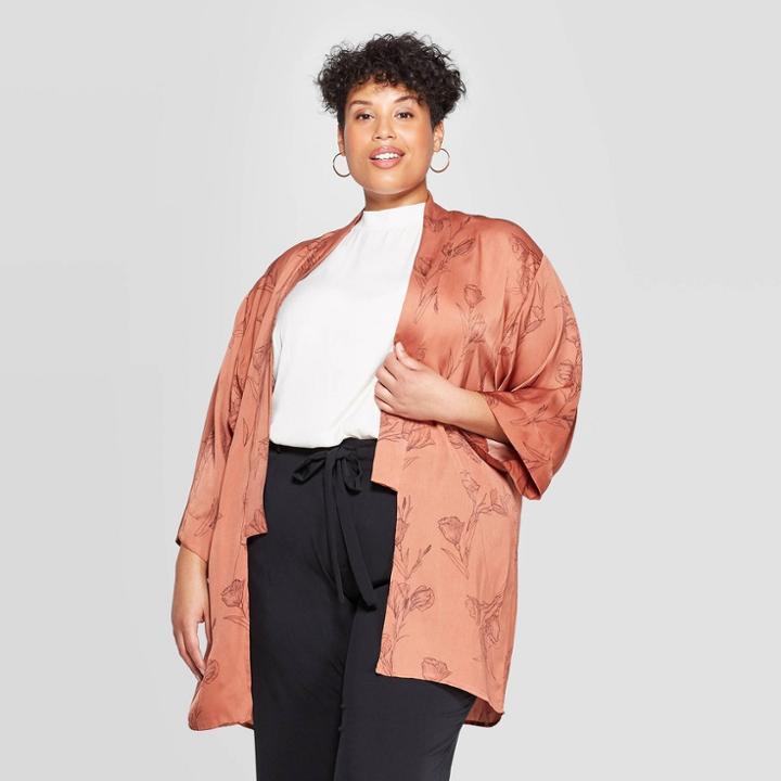 Women's Plus Size Floral Print Kimono - A New Day Brown, Women's,