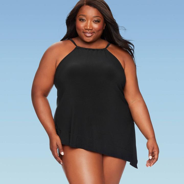 Women's Plus Size Slimming Control High-neck Asymmetrical Tankini Top - Dreamsuit By Miracle Brands Black