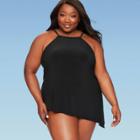 Women's Plus Size Slimming Control High-neck Asymmetrical Tankini Top - Dreamsuit By Miracle Brands Black