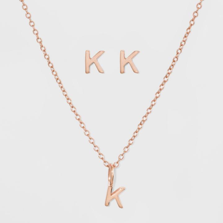 Sterling Silver Initial K Earrings And Necklace Set - A New Day Gold, Girl's, Gold - K