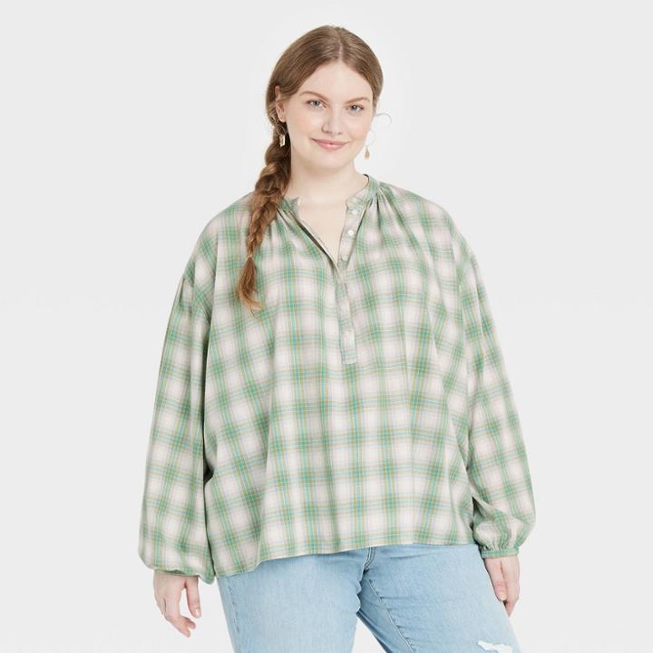 Women's Plus Size Balloon Long Sleeve Poet Top - Universal Thread Green Plaid