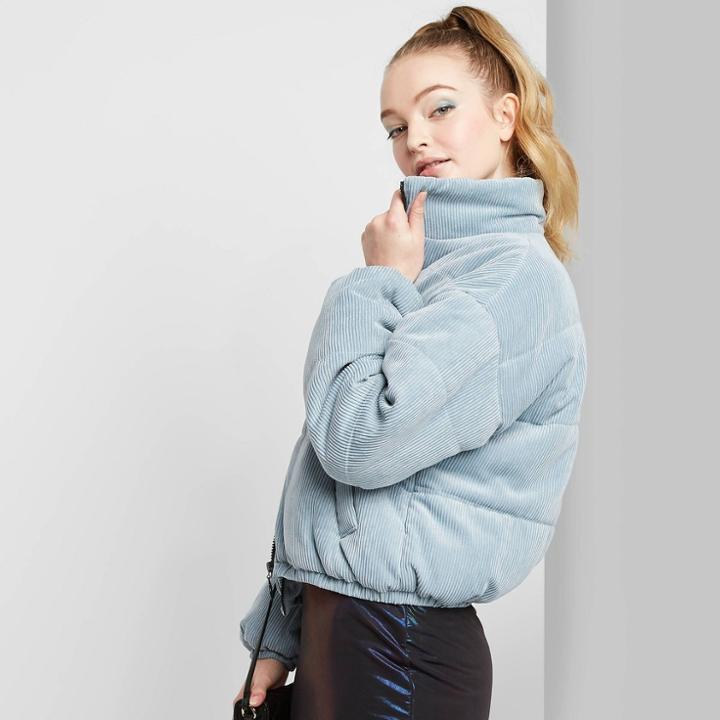 Women's Long Sleeve Corduroy Zip-up Puffer Jacket - Wild Fable Teal Xs, Women's, Blue