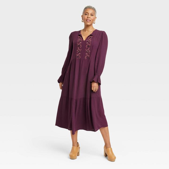 Women's Long Sleeve Embroidered A-line Dress - Knox Rose Plum Purple