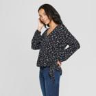 Women's Floral Print Long Sleeve Wrap Top - Universal Thread Black