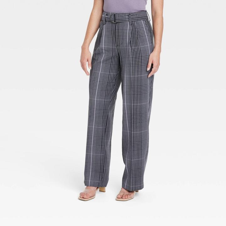 Women's High-rise Relaxed Fit Straight Belted Trousers - A New Day Gray Plaid