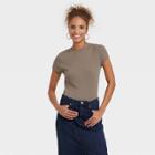 Women's Short Sleeve Slim Fit Ribbed T-shirt - A New Day Brown