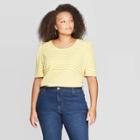 Women's Plus Size Striped Half Sleeve Crewneck Ribbed Puff Top - Ava & Viv Cream